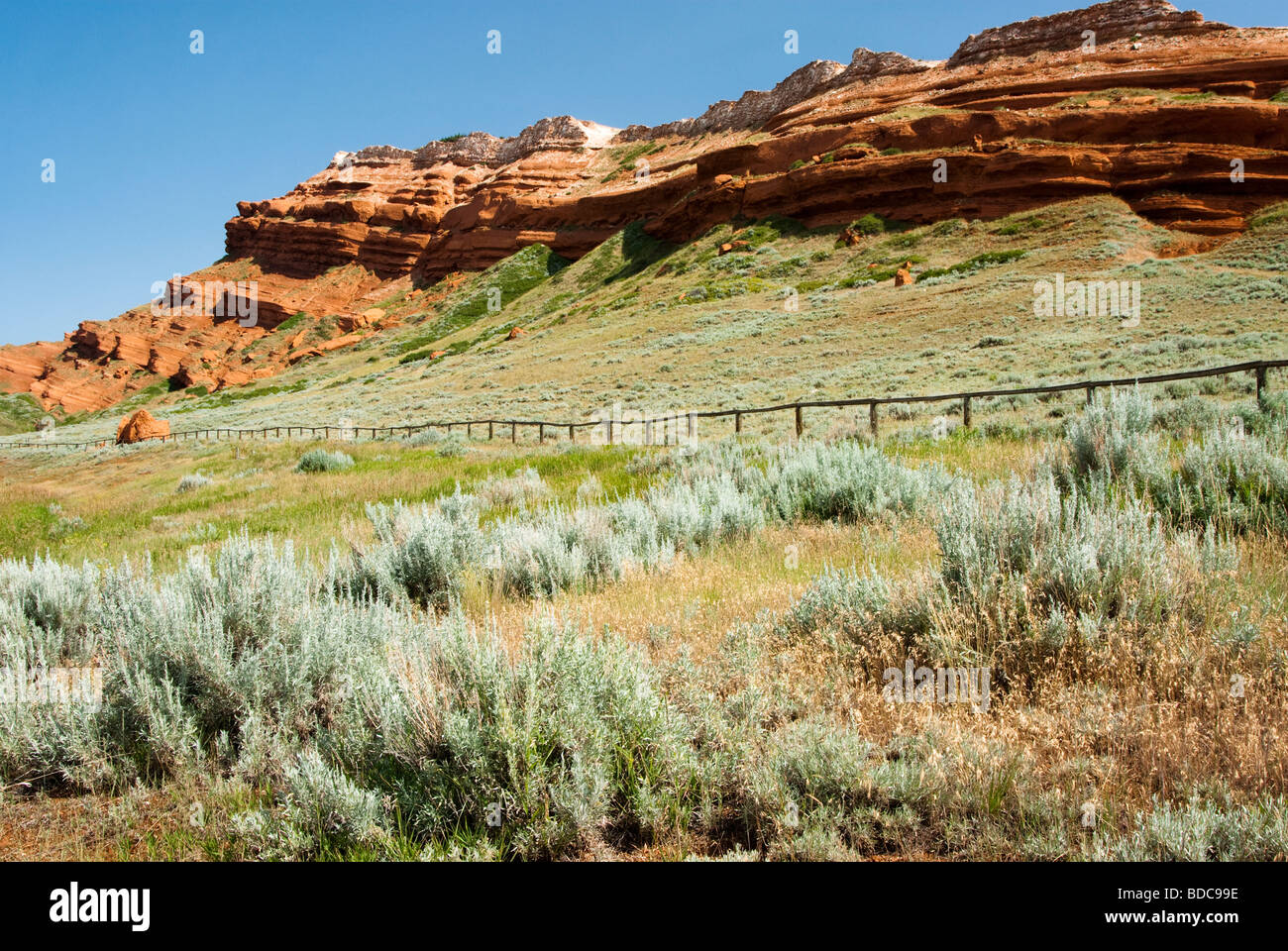 View of red cliffs along Chief Joseph Scenic Byway in Wyoming. Stock Photo