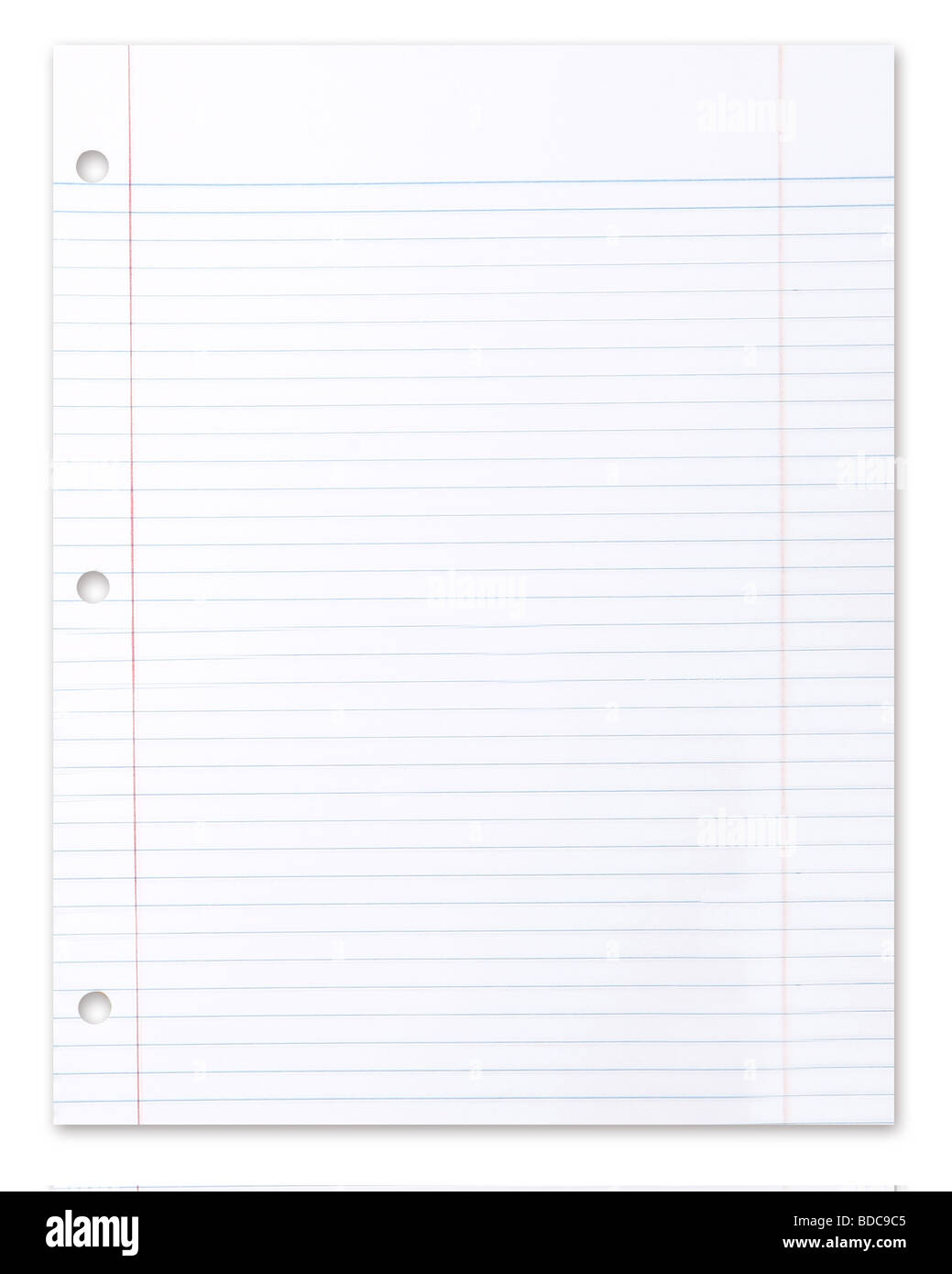 Blank Piece of School Lined Paper on White With a Drop Shadow Stock Photo