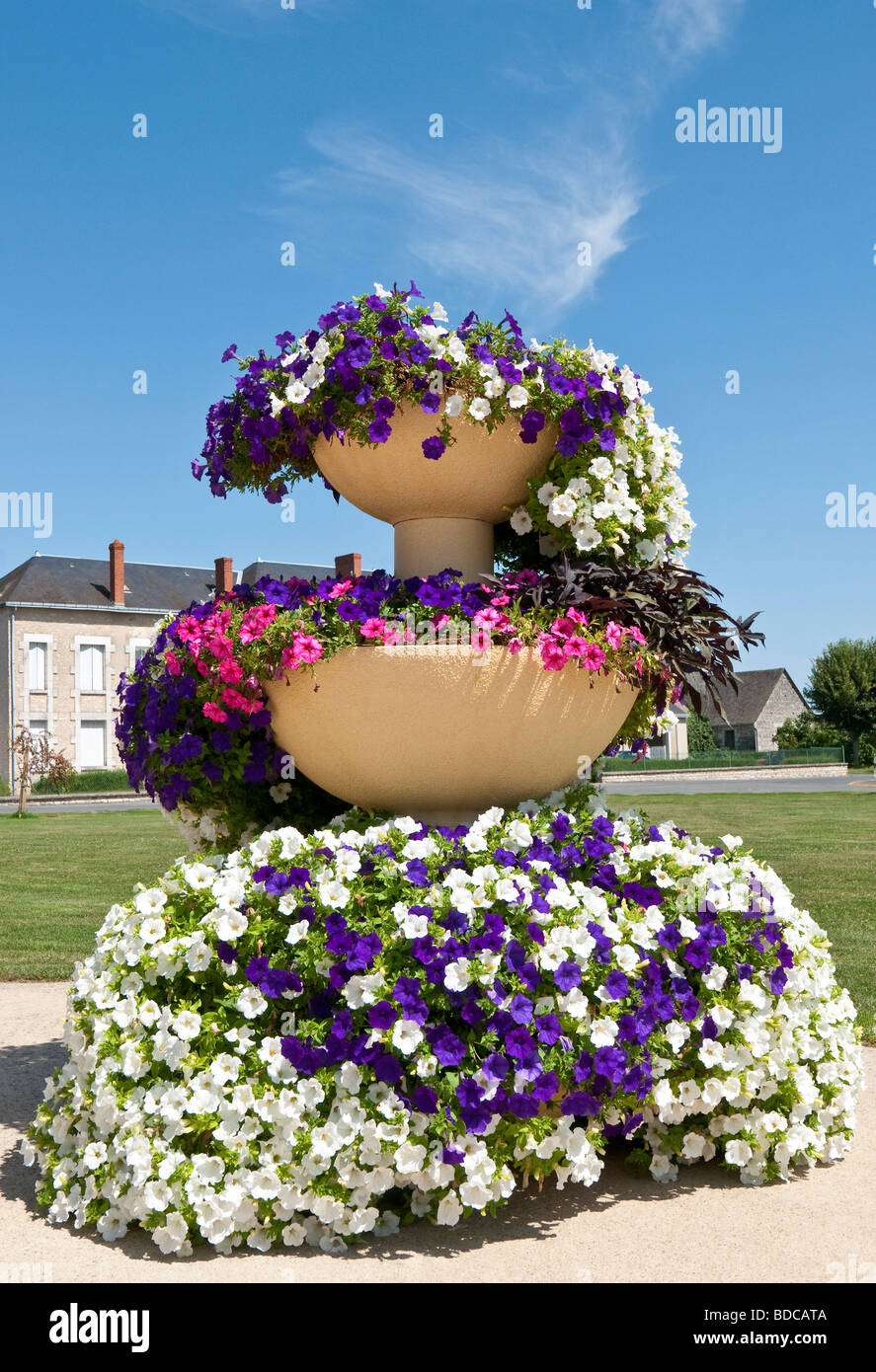 Multicoloured Begonias in round planter - Martizay, Indre, France. Stock Photo