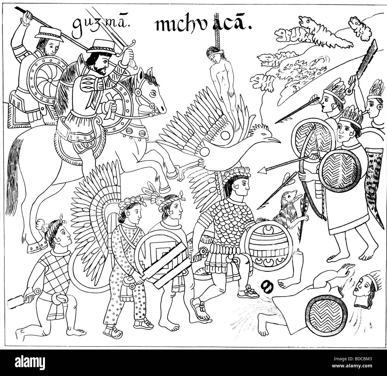 geography / travel, Mexico, Aztec Empire, Spanish conquistadors in Mexico, after Aztec drawings, Central America, historic, historical, conquest, conqueror, conquerors, Indian, native, indigenous people, Aztecs, violence, atrocity, atrocities, defence, defense, defences, defenses, soldiers, military, eagle, suit of armour, fighting, battle, CEAM, male, man, men, Stock Photo