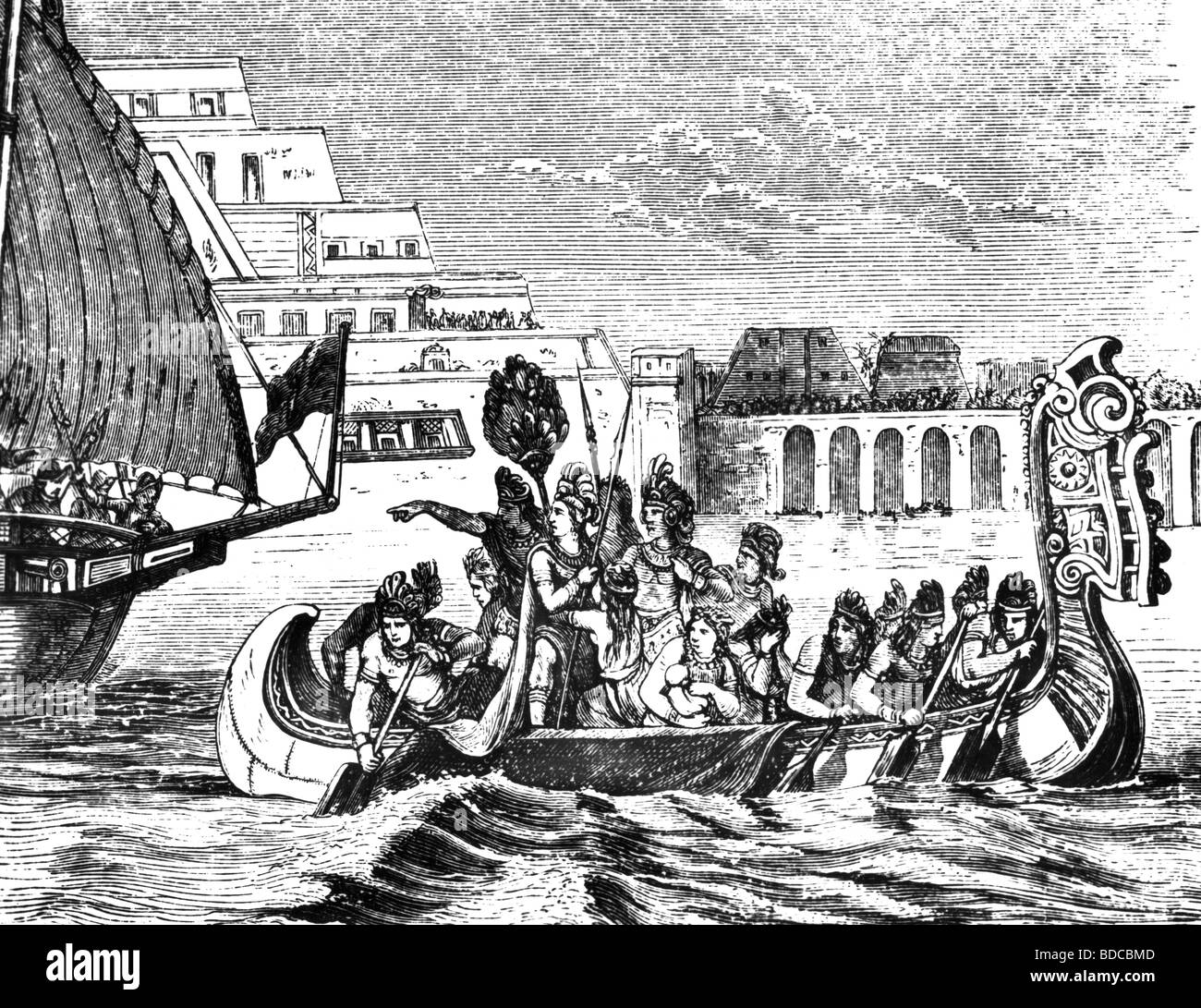 Cuauhtemoc, circa 1502 - 28.2.1525, Aztec ruler, his capture, August 1521, wood engraving, published 1904, Stock Photo