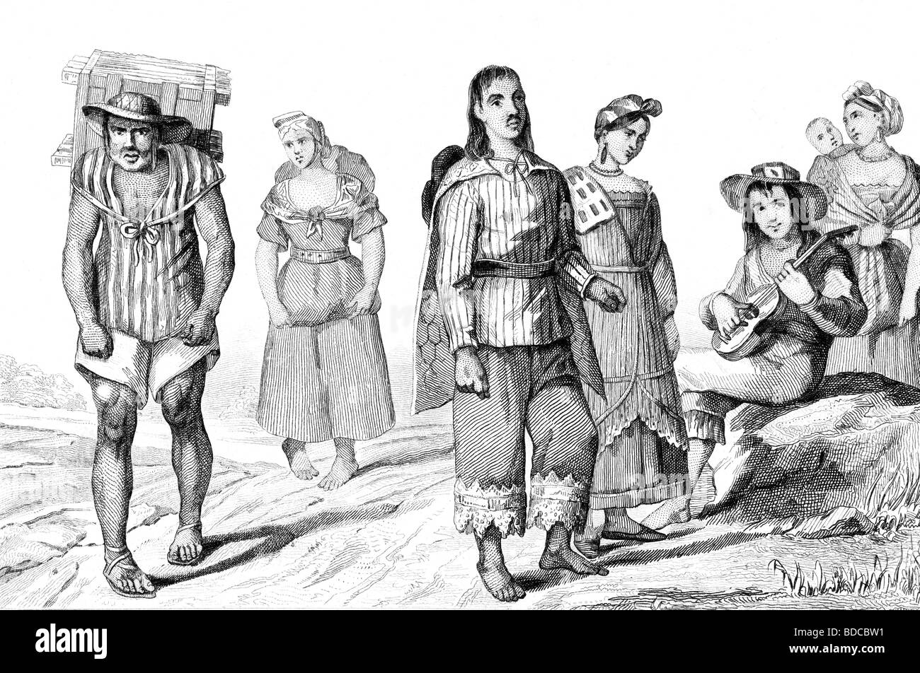 geography / travel, Mexico, people, traditional costumes of the population, Indians, wood engraving, 19th century, Central America, historic, historical, costume, cloth, ethnic, ethnology, indigenous, farmer, farmers, rural population, native, women, woman, dosser, panniers, dossers, porter, porters, hat, sombrero, guitar, music instrument, musicians, CEAM, Stock Photo