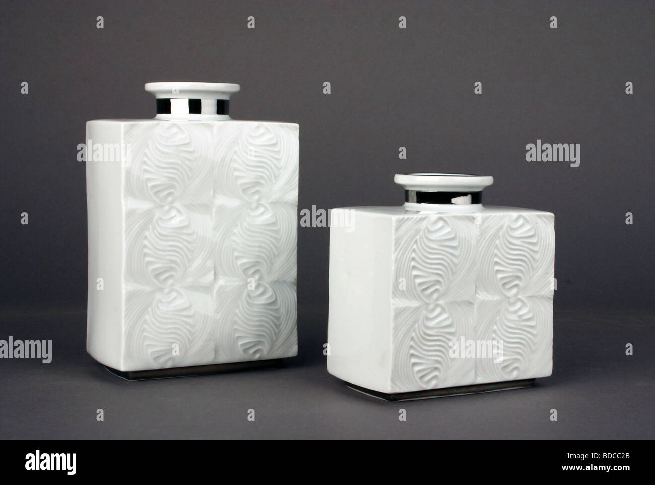 fine arts, porcelain, vase, two relief porcelain vases, made by VEB Porzellanfabrik Wallendorf, GDR, 1960s, Artist's Copyright has not to be cleared Stock Photo