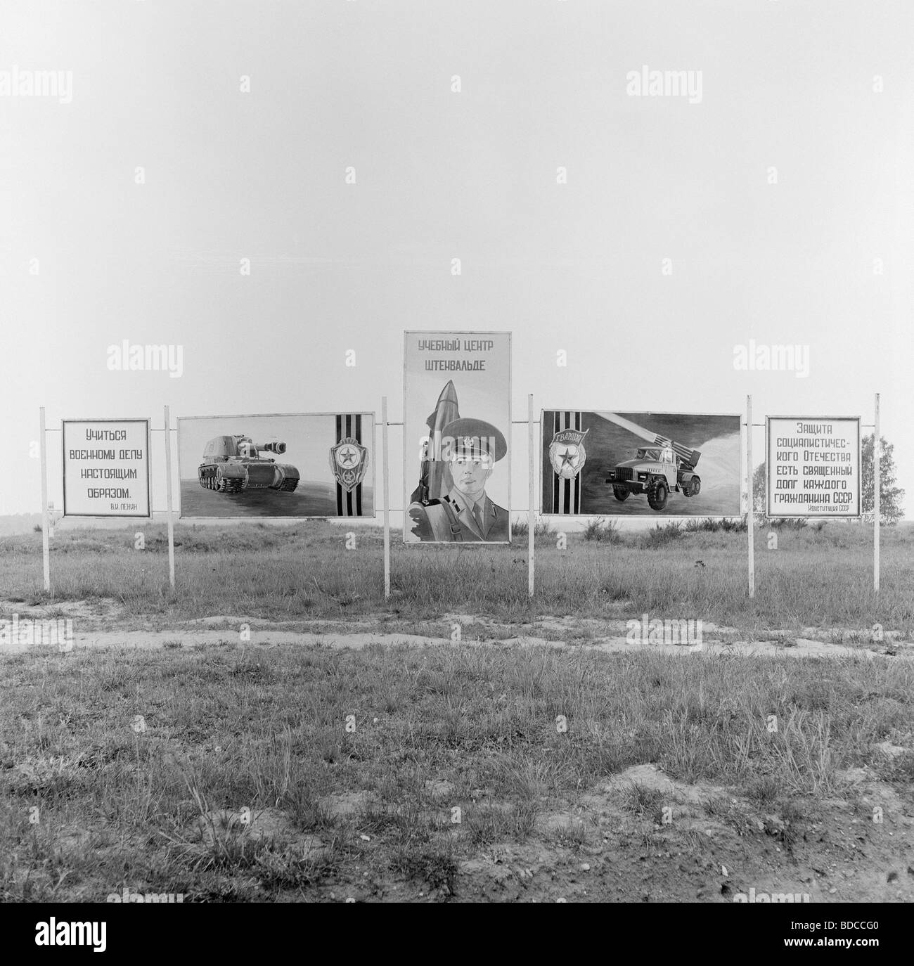 geography / travel, Germany, GDR, propaganda poster with Cyrillic letters, Soviet Army, entrance of troop drill area, Neustrelitz, early May 1990, Stock Photo