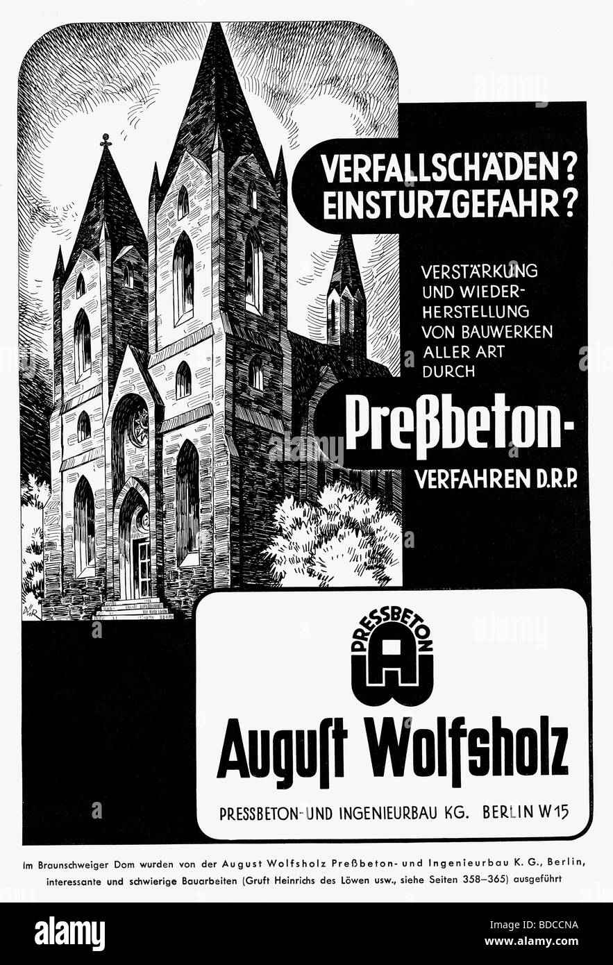 advertising, constuction material, press concrete, company Firma August Wolfsholz, Berlin, advert, 1939, Stock Photo