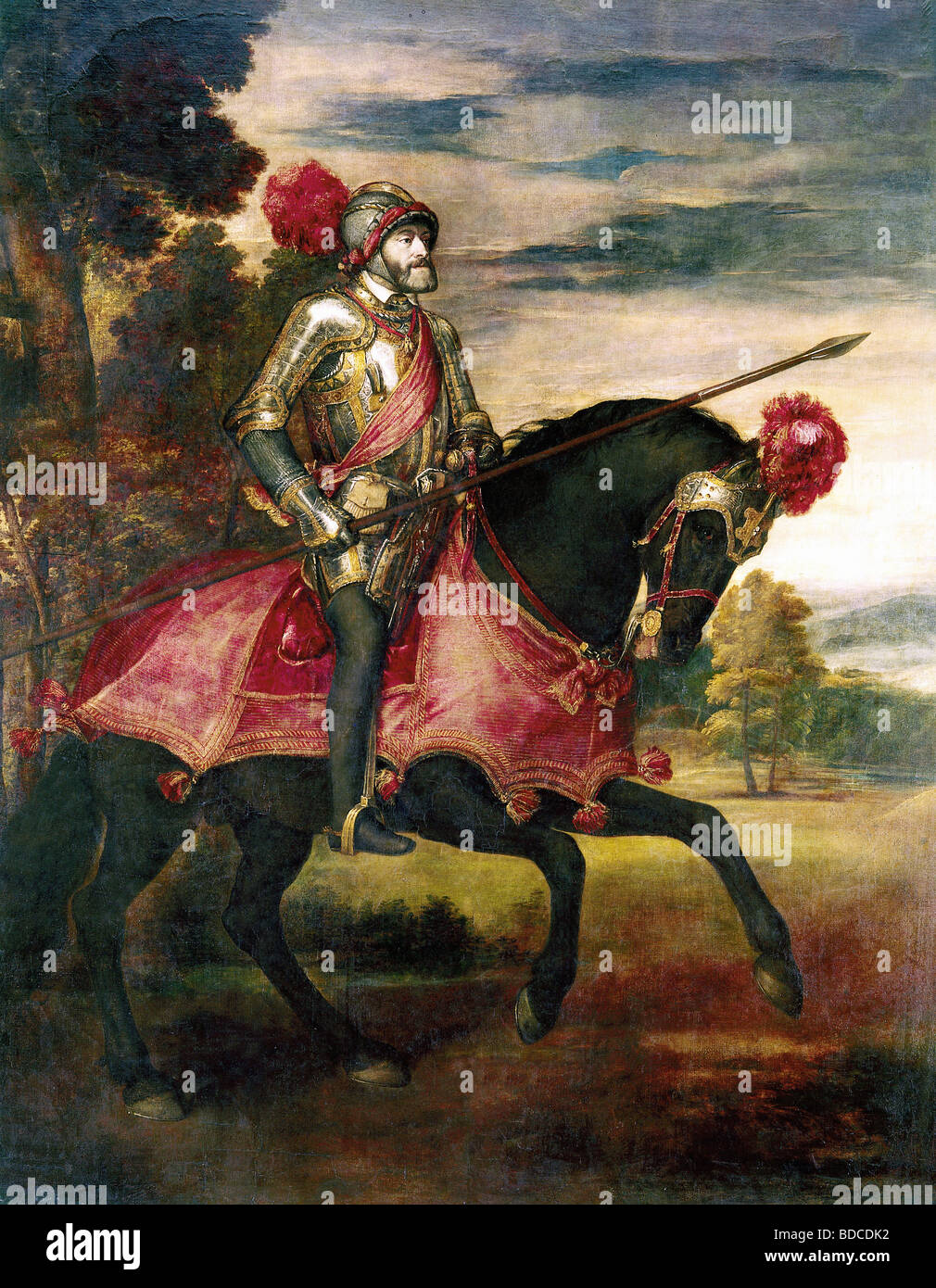 Charles V, 24.2.1500 - 21.9.1558, Holy Roman Emperor 26.10.1530 - 12.9.1556, at the Battle of Muehlberg on the river Elbe, 24.4.1547, painting by Titian (circa 1477 - 1576), 1548, Prado, Madrid, Artist's Copyright has not to be cleared Stock Photo