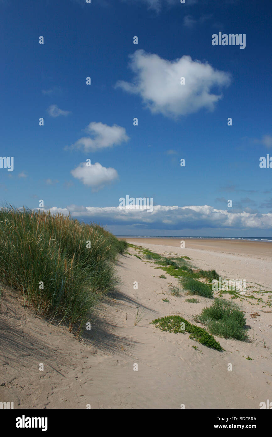 The beach at Titchwell Marsh RSPB Reserve, The Wash, Norfolk, looking along the sand to Thornham Point Stock Photo