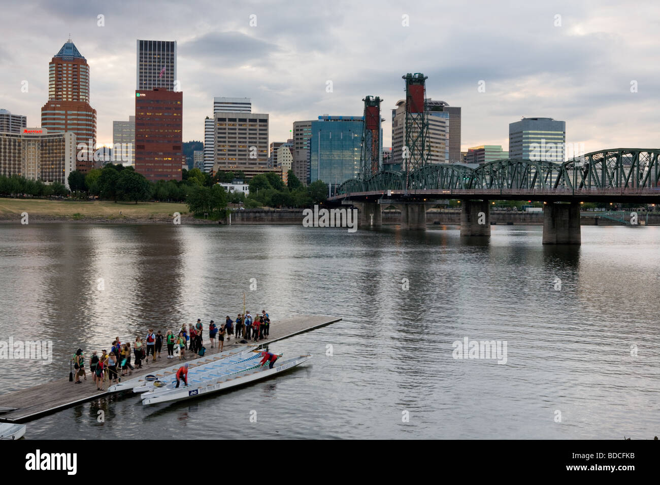 Womens crew team and skyline of Portland Oregon on the Willamette River Stock Photo