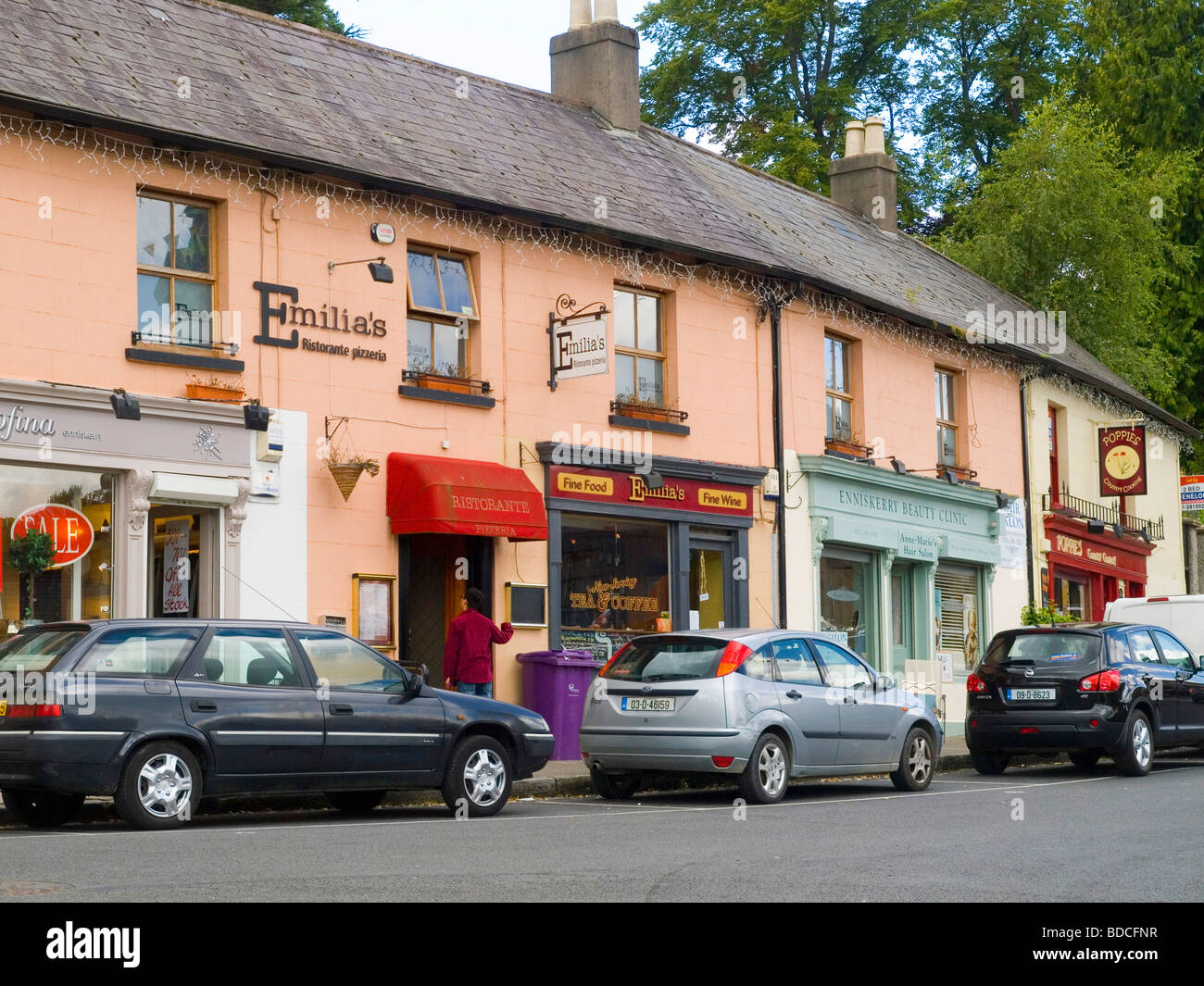 A row of shops and restaurants in the pretty village of Enniskerry