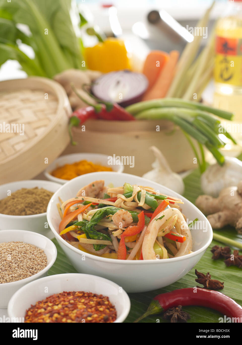 Thai seafood stir fry and ingredients Stock Photo