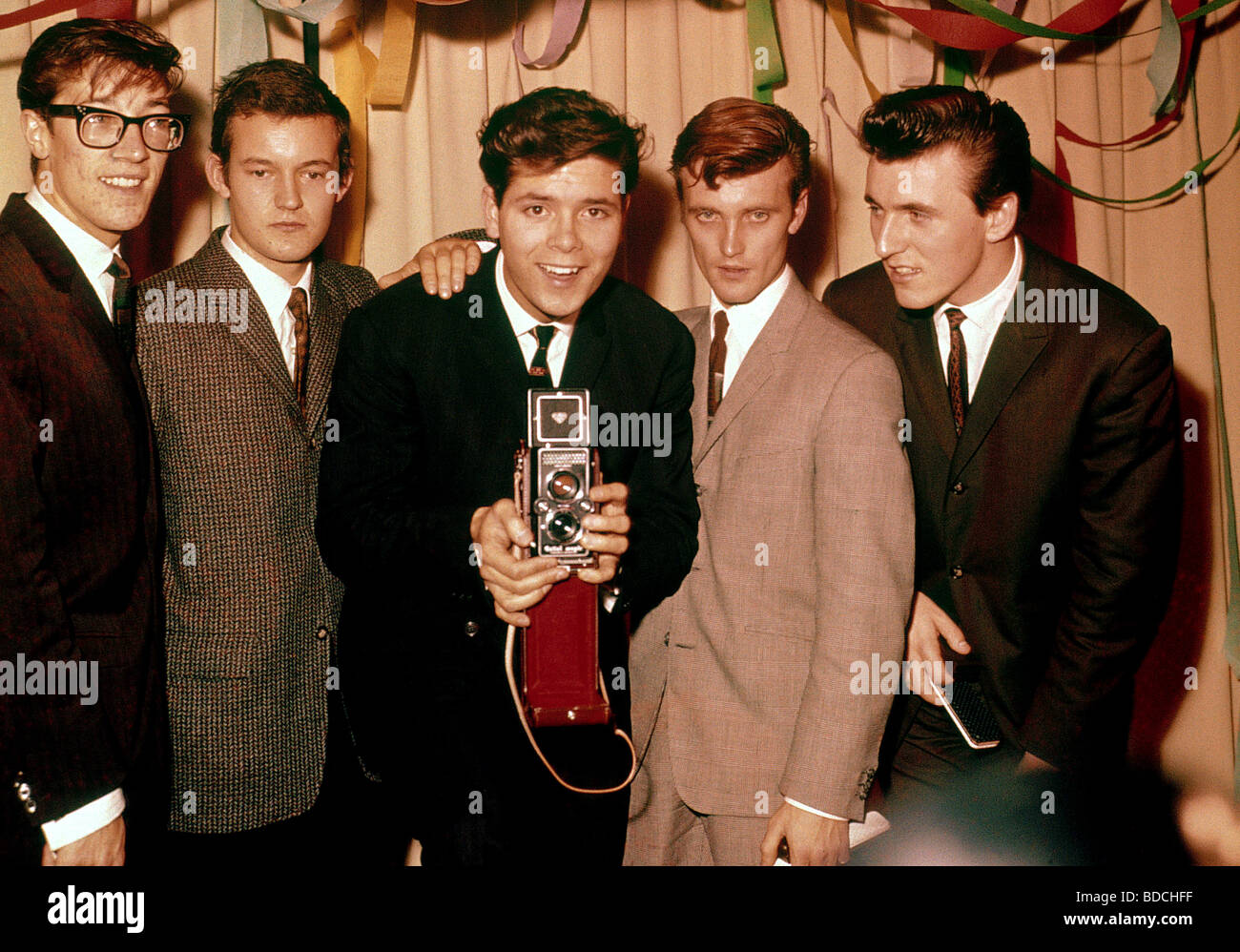 CLIFF RICHARD AND THE SHADOWS in 1961 - from l: Hank Marvin, Brian Bennett, Cliff, Jet Harris and Bruce Welch Stock Photo