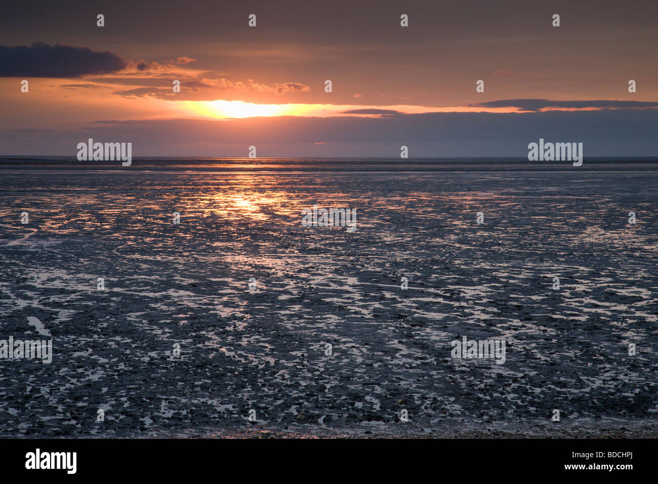 Sunset over Snettisham seashore in North Norfolk, England, UK. Stock Photo