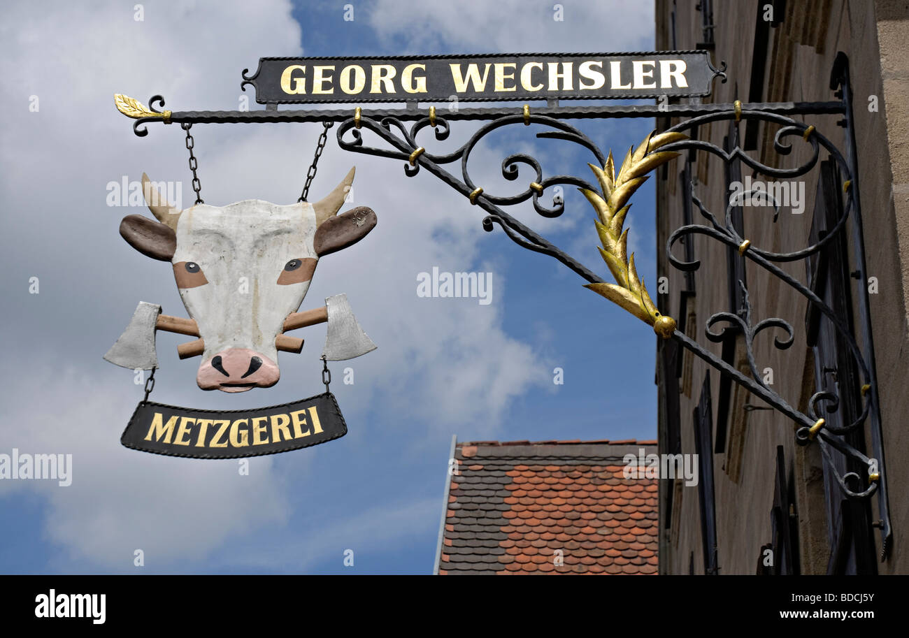 Sign above a butcher's shop in Spalt, Franconia, Germany. Stock Photo