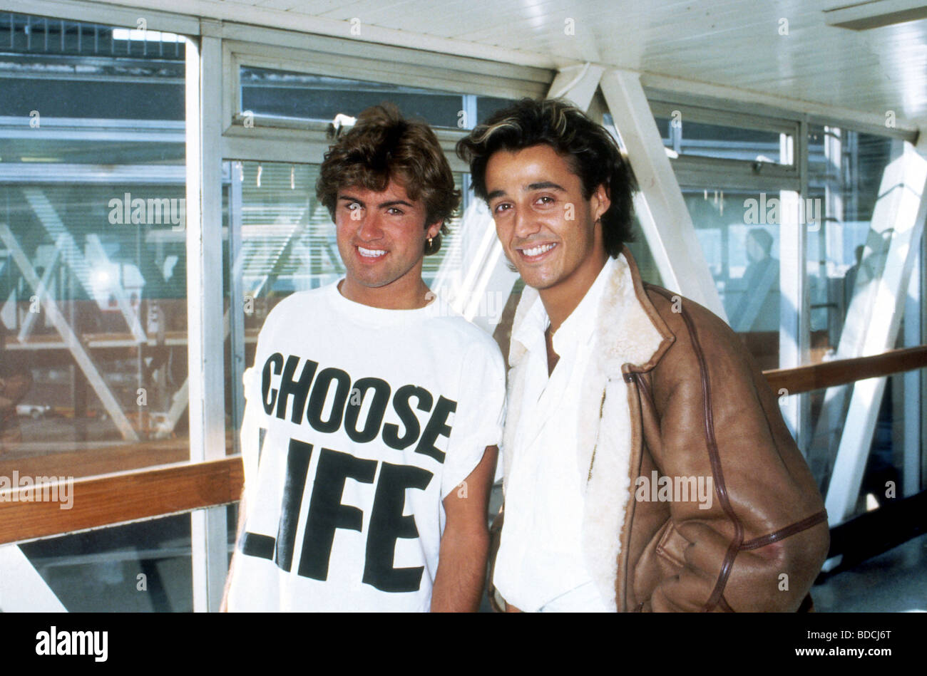 WHAM !  UK pop duo of George Michael at left and Andrew Ridgeley in 1984 Stock Photo