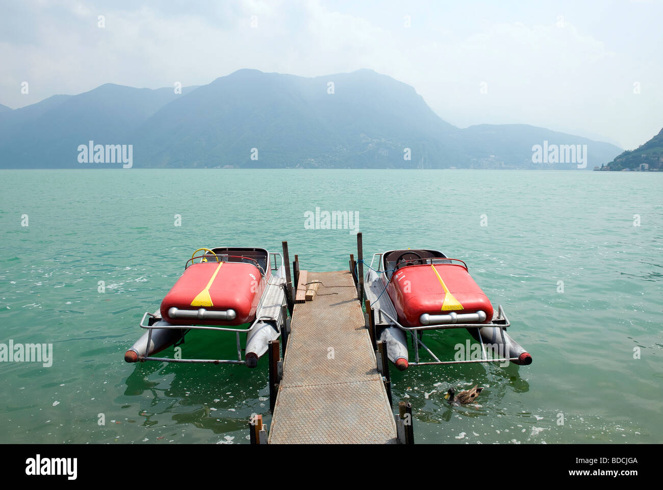 pedal car boats on lake lugano, switzerland Stock Photo