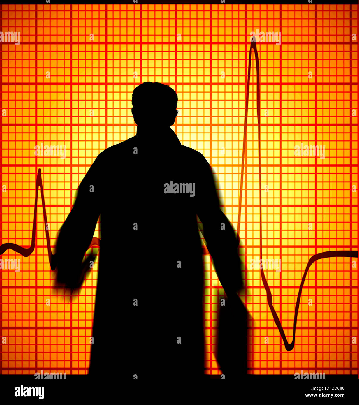 businessman with briefcase walking fast computer generated EKG background Stock Photo