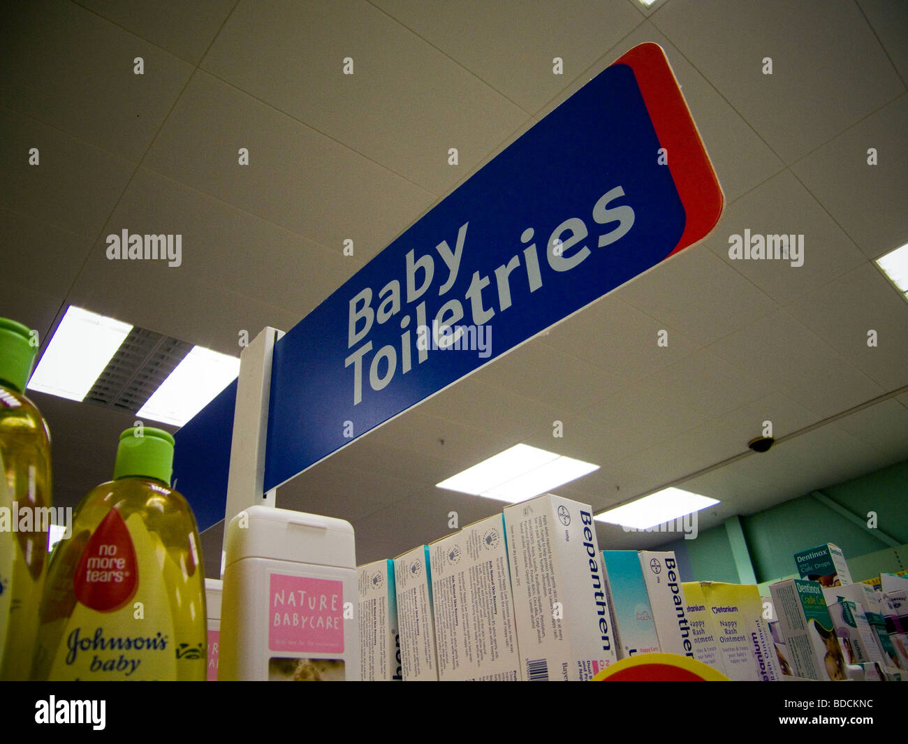 An Isle sign in a store - Baby Toiletries Stock Photo