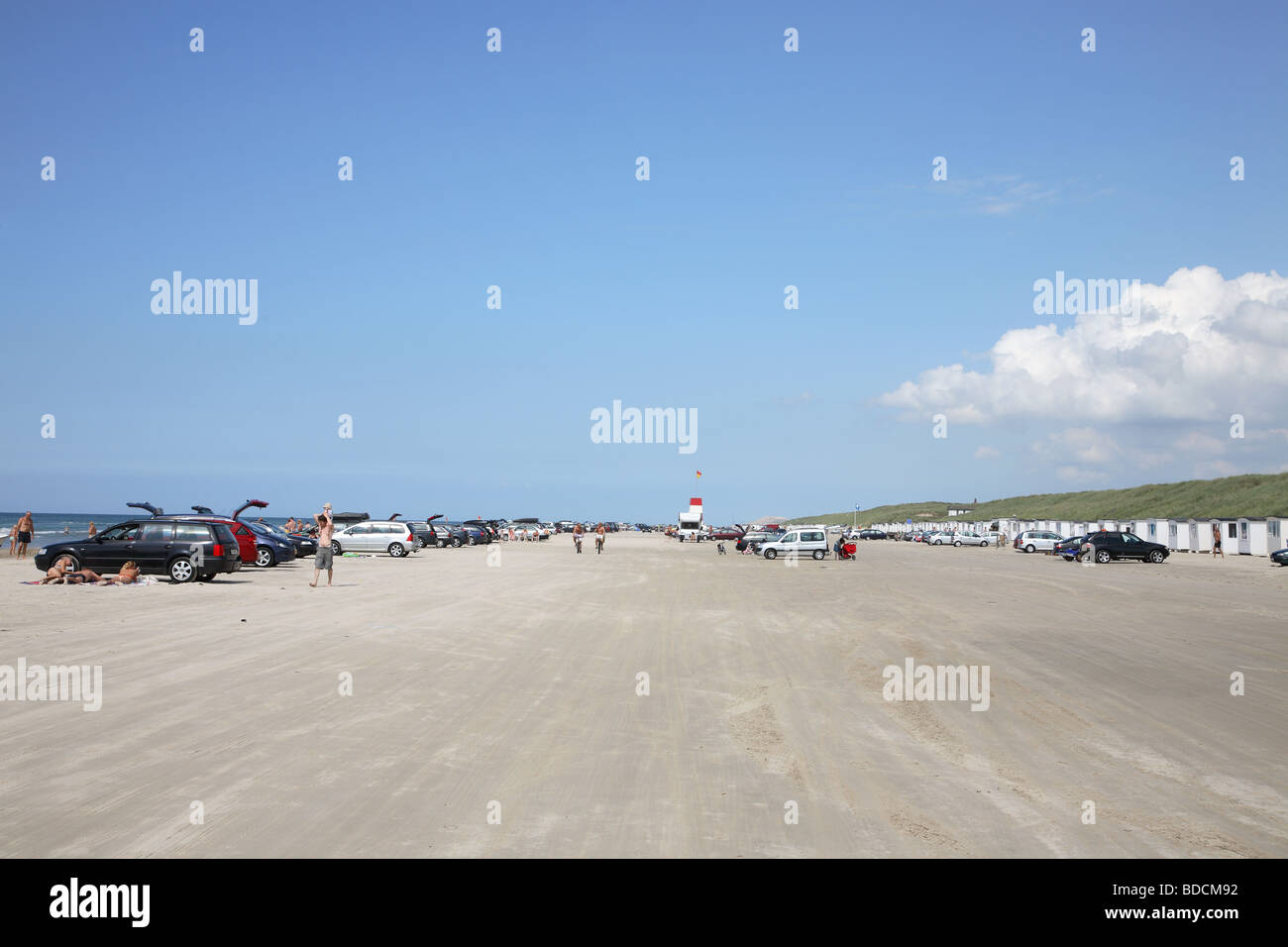 The famous beach at Blokhus in the north-western part of Jutland, Denmark. Cars and vehicles are allowed on this Danish beach. Stock Photo