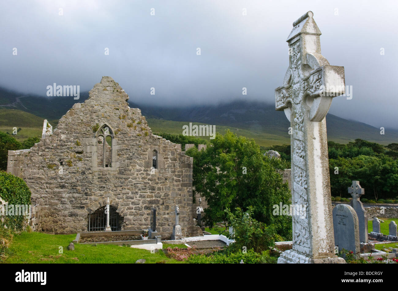 Murrisk Abbey, Westport, County Mayo, with Croagh Patrick in the background, shrouded in cloud. Stock Photo