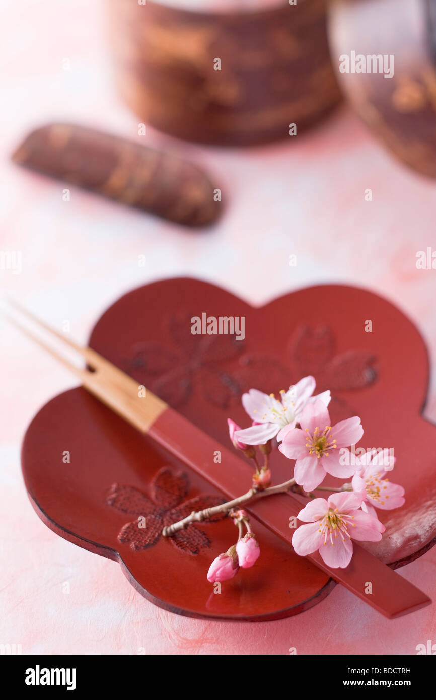 Flower shaped plate and cherry blossoms Stock Photo