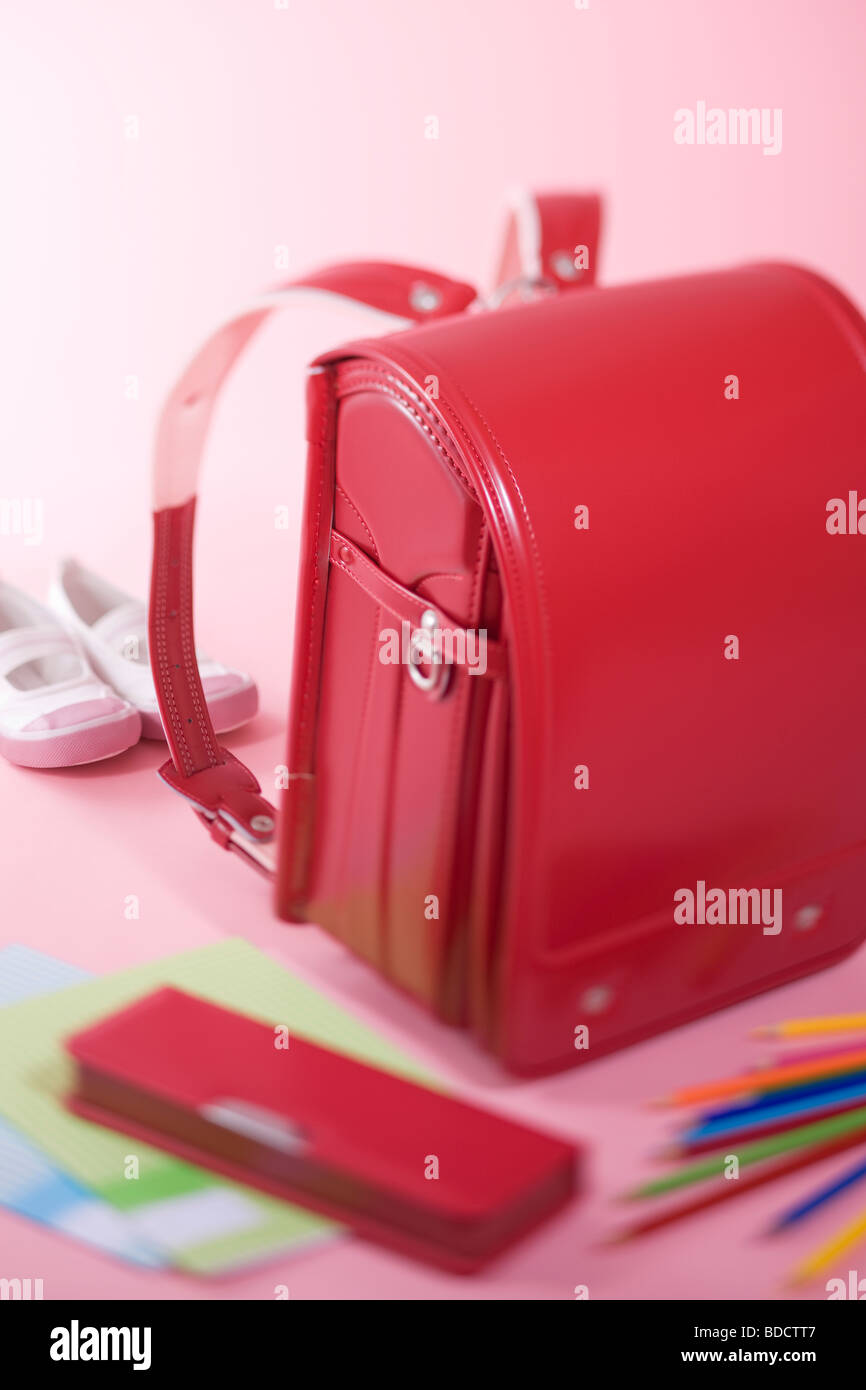 School bag and stationery Stock Photo Alamy