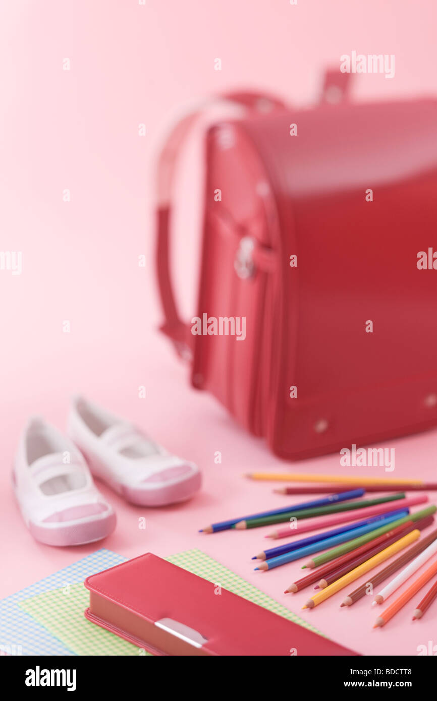 School bag and stationery Stock Photo Alamy