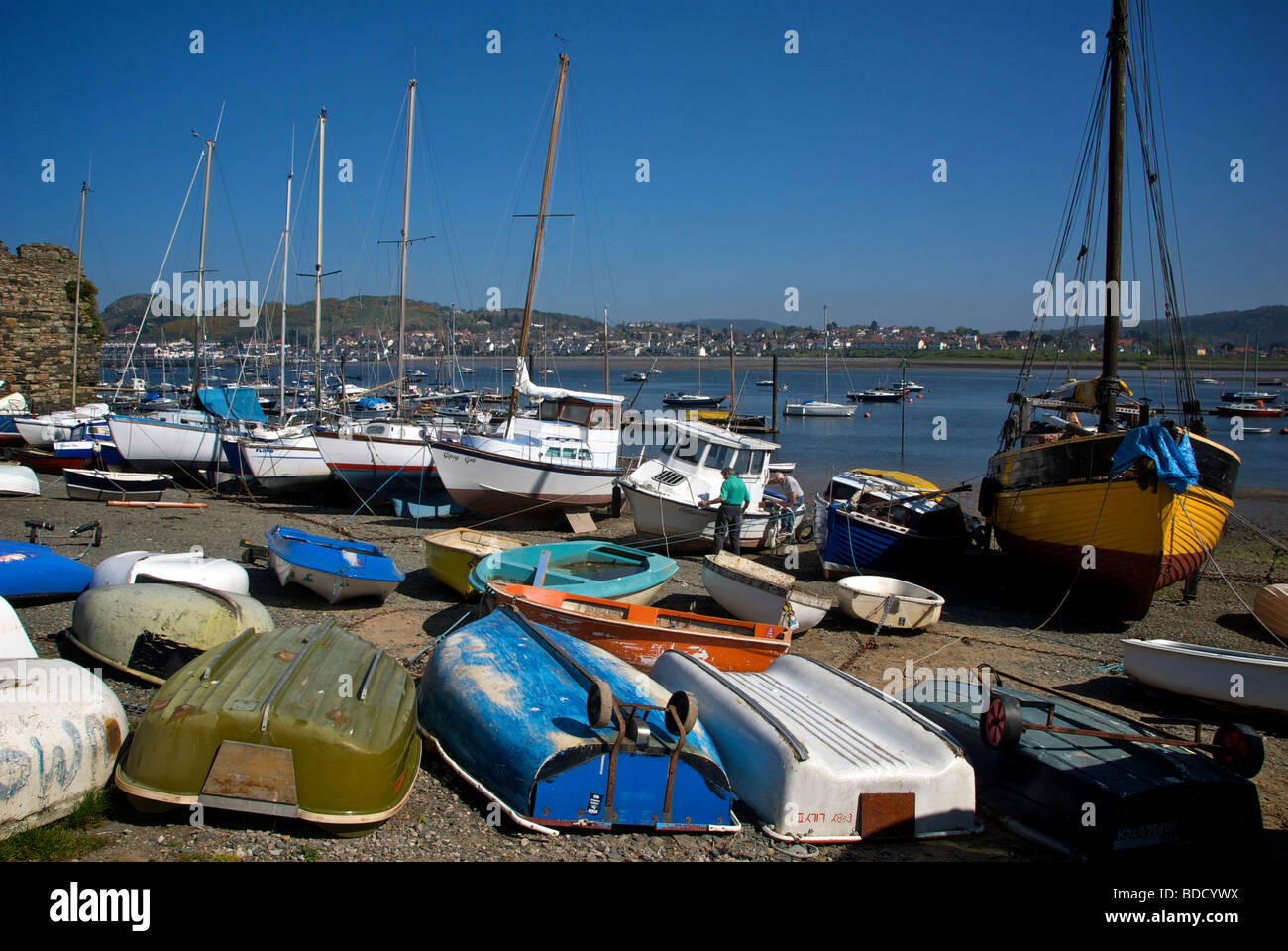 Conwy North Wales UK River Estuary Dingies Sailing Boats Beach Stock Photo