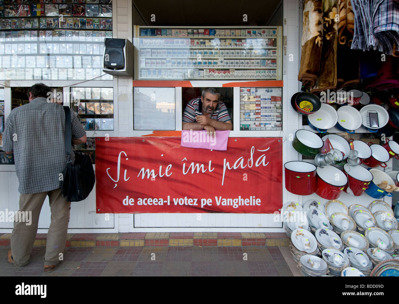 Cigarette vendor at street in Bucharest, Romania Stock Photo