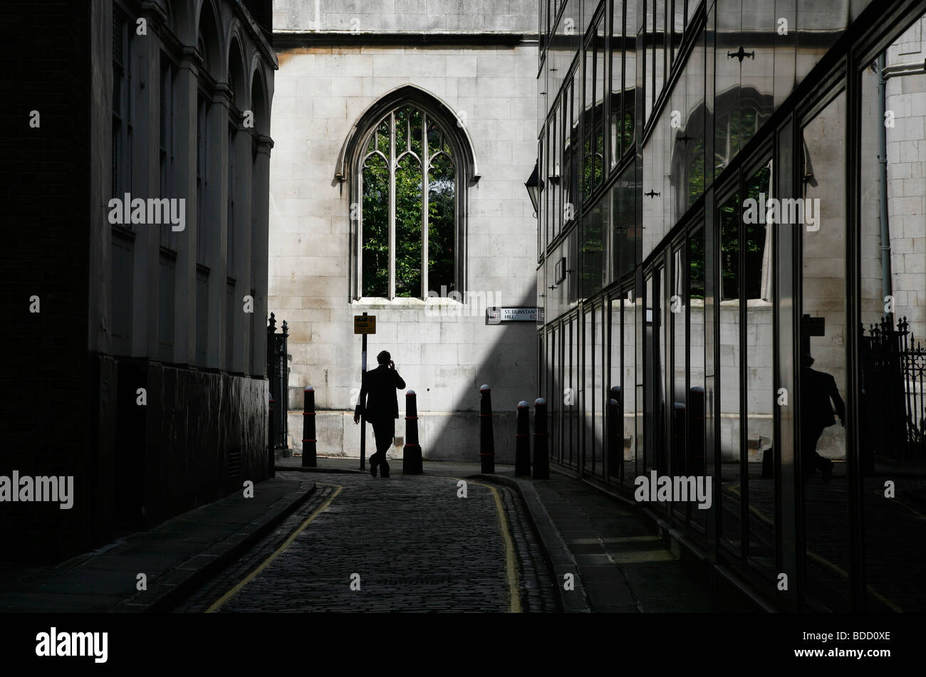 Look down St Dunstan's Lane to St Dunstan in the East church, City of London, UK Stock Photo