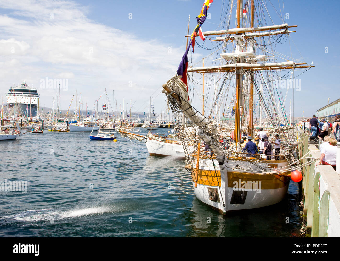 Busy harbour scene during the 2009 Australian Wooden Boat Festival. Hobart Tasmania Australia