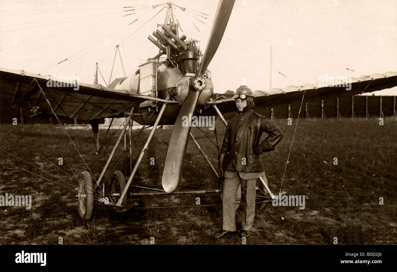 WWI Pilot & Bullet Scarred Aircraft Stock Photo