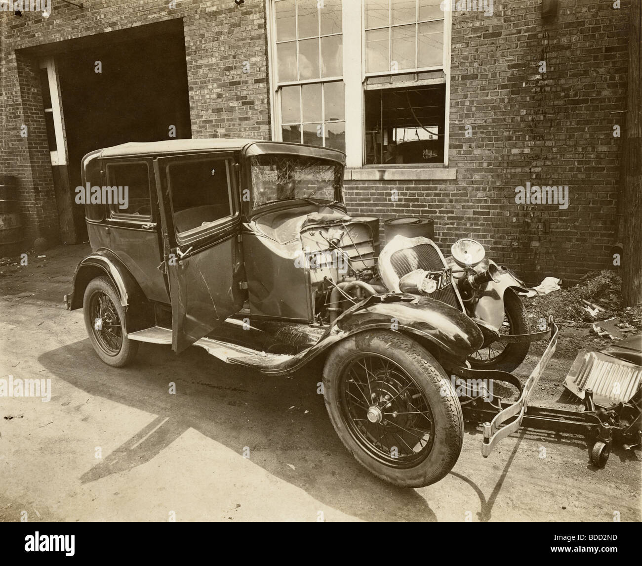 Wrecked Auto at Illinois Body Shop, 1930 Stock Photo