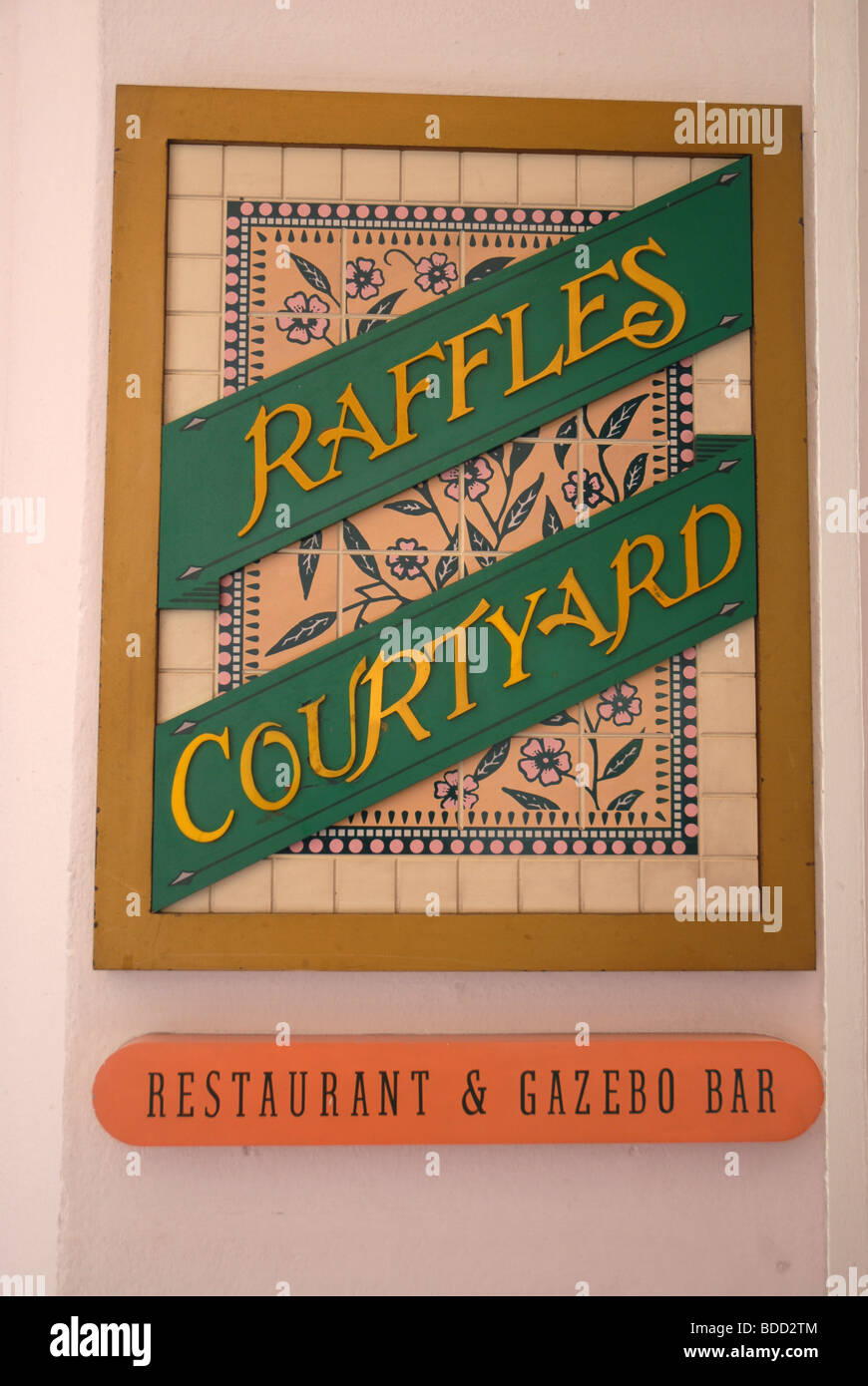 Raffles Courtyard Restaurant & Gazebo Bar sign, Raffles Hotel, Singapore Stock Photo