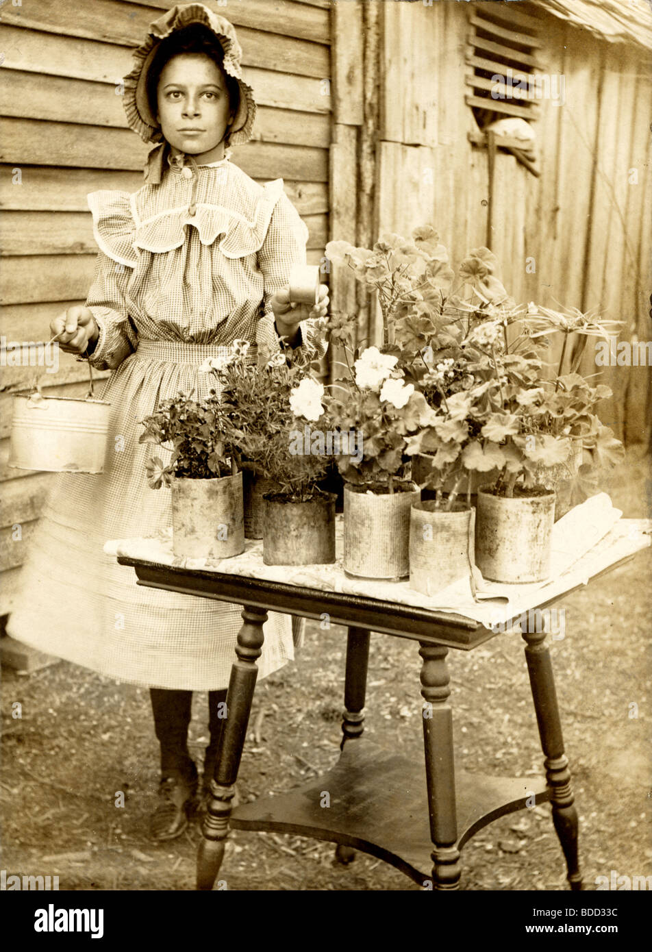 Little Girl Gardener Tending Her Plants Stock Photo