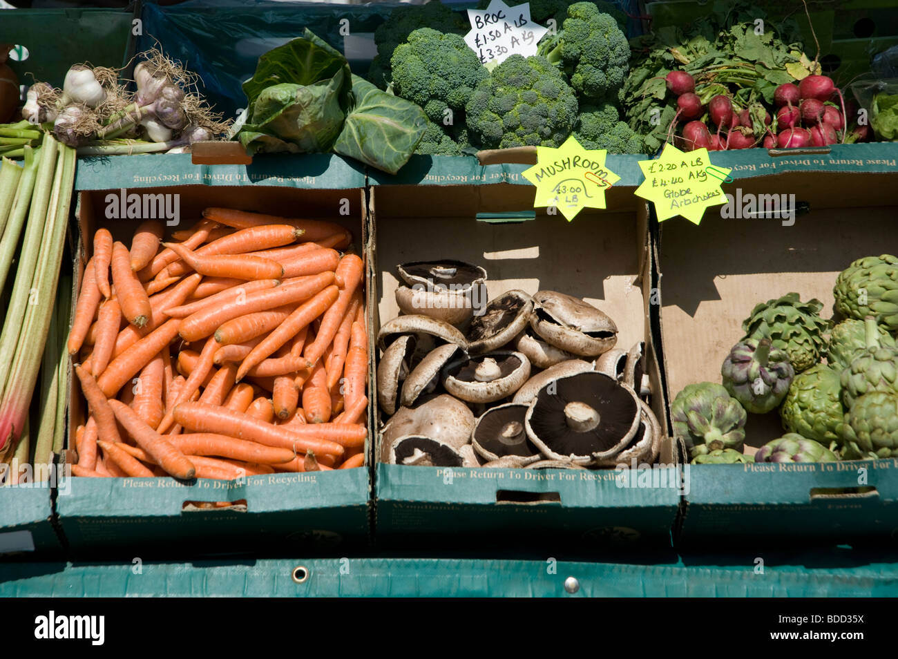 Fresh vegetables for sale at a farmers maket in a town in England Stock