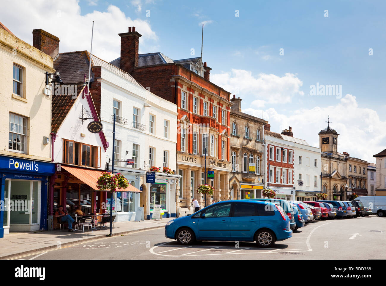 Devizes, Wiltshire, UK - Historic buildings and shops in the Market Place high street at Devizes, Wiltshire, England, UK Stock Photo