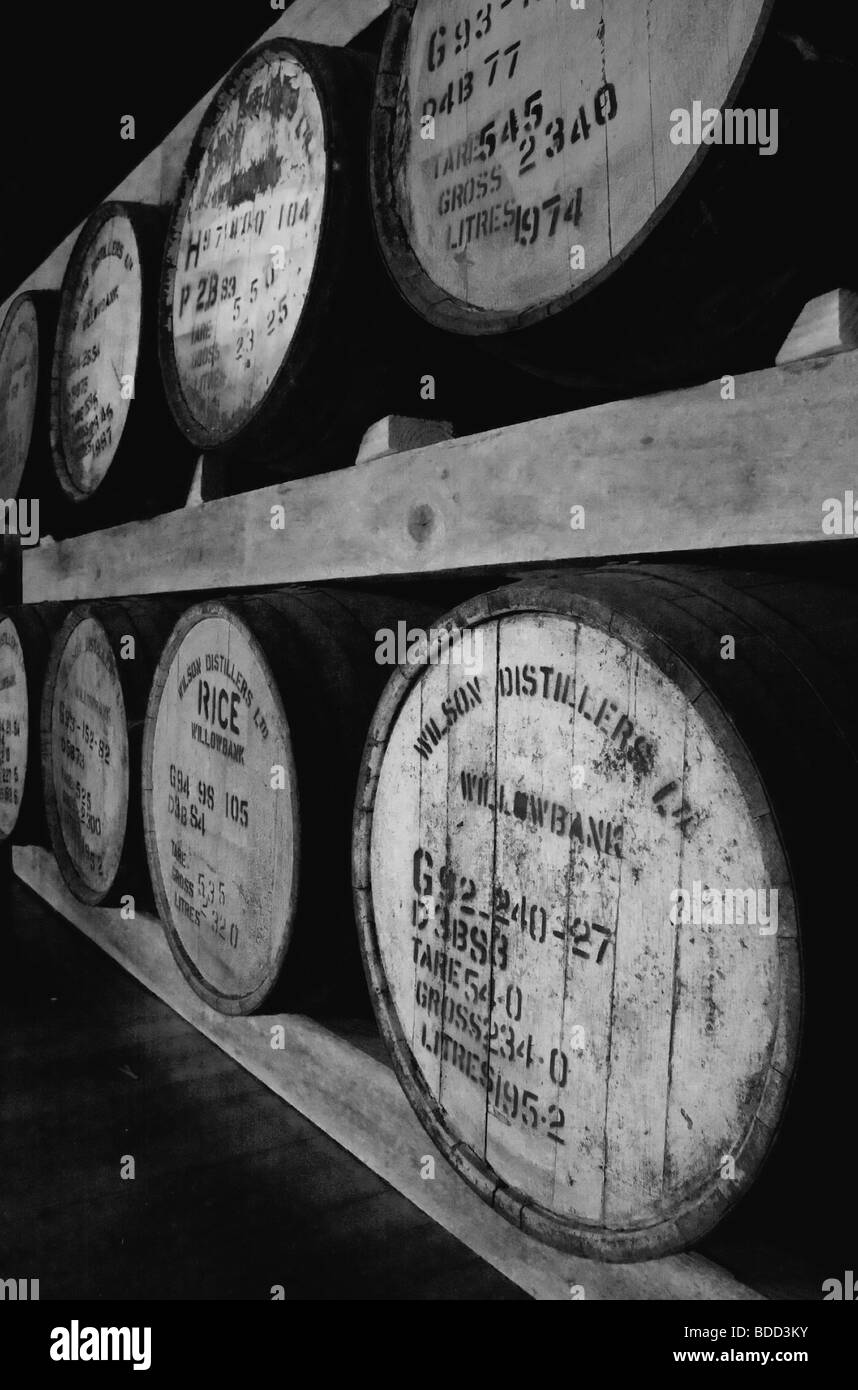 Barrels at a whiskey distillery, New Zealand. Stock Photo