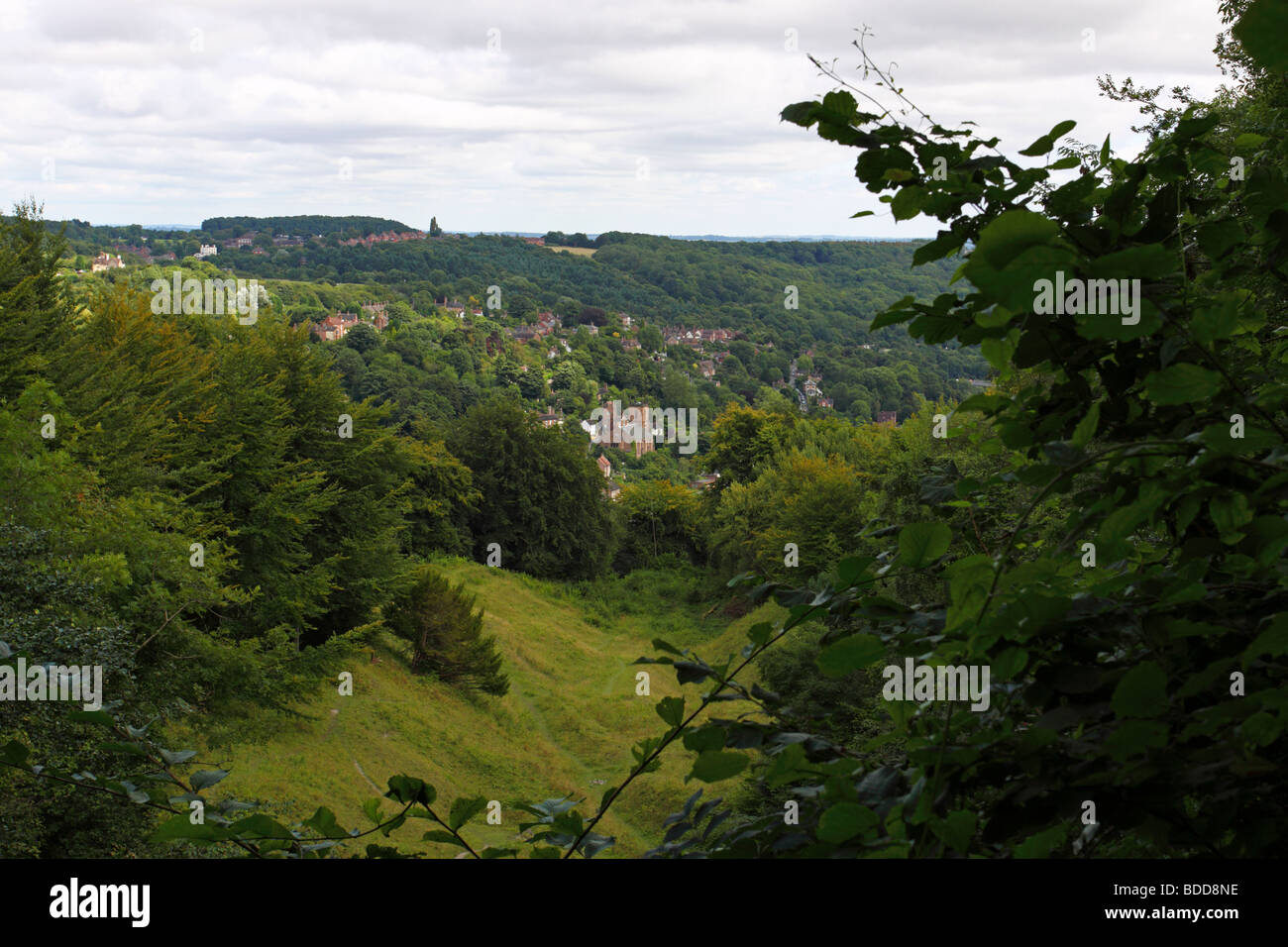 The Shropshire town of Ironbridge viewed from Benthall Edge Wood, across the former Patten's Rock limestone quarry Stock Photo