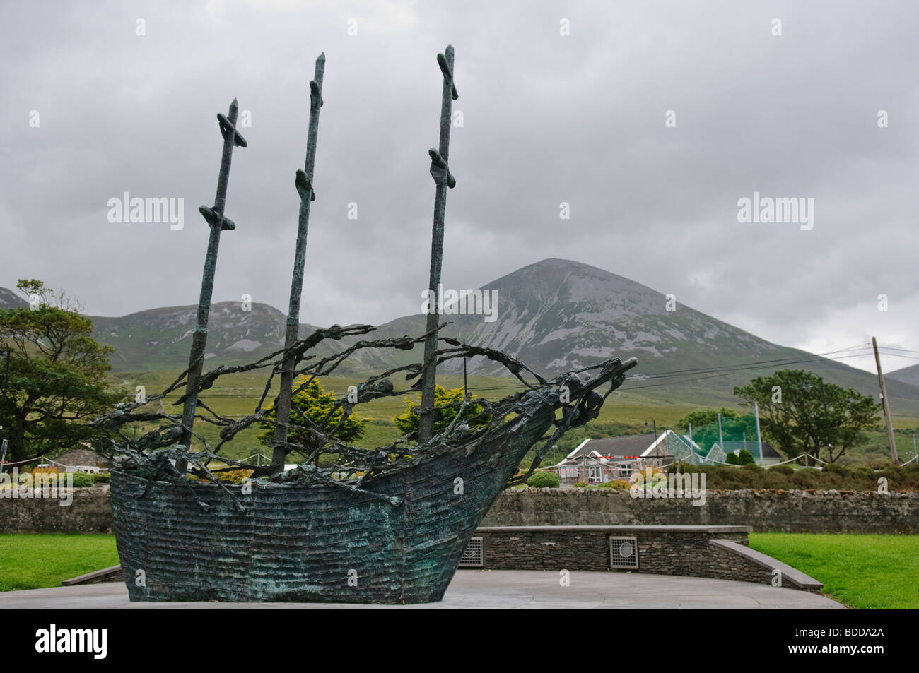 Irish National Famine Memorial, Murrisk, County Mayo, Croagh Patrick mountain in the background Stock Photo