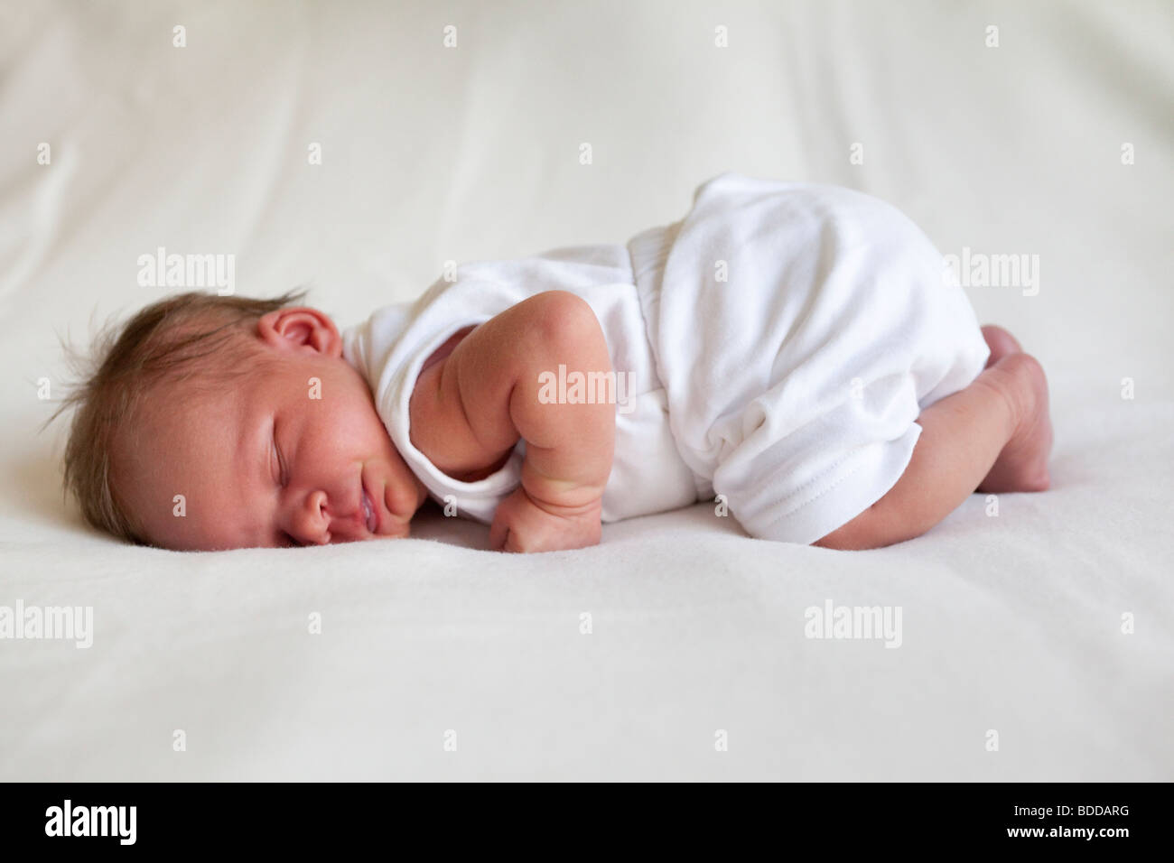 Newborn baby sleeping on her belly Stock Photo