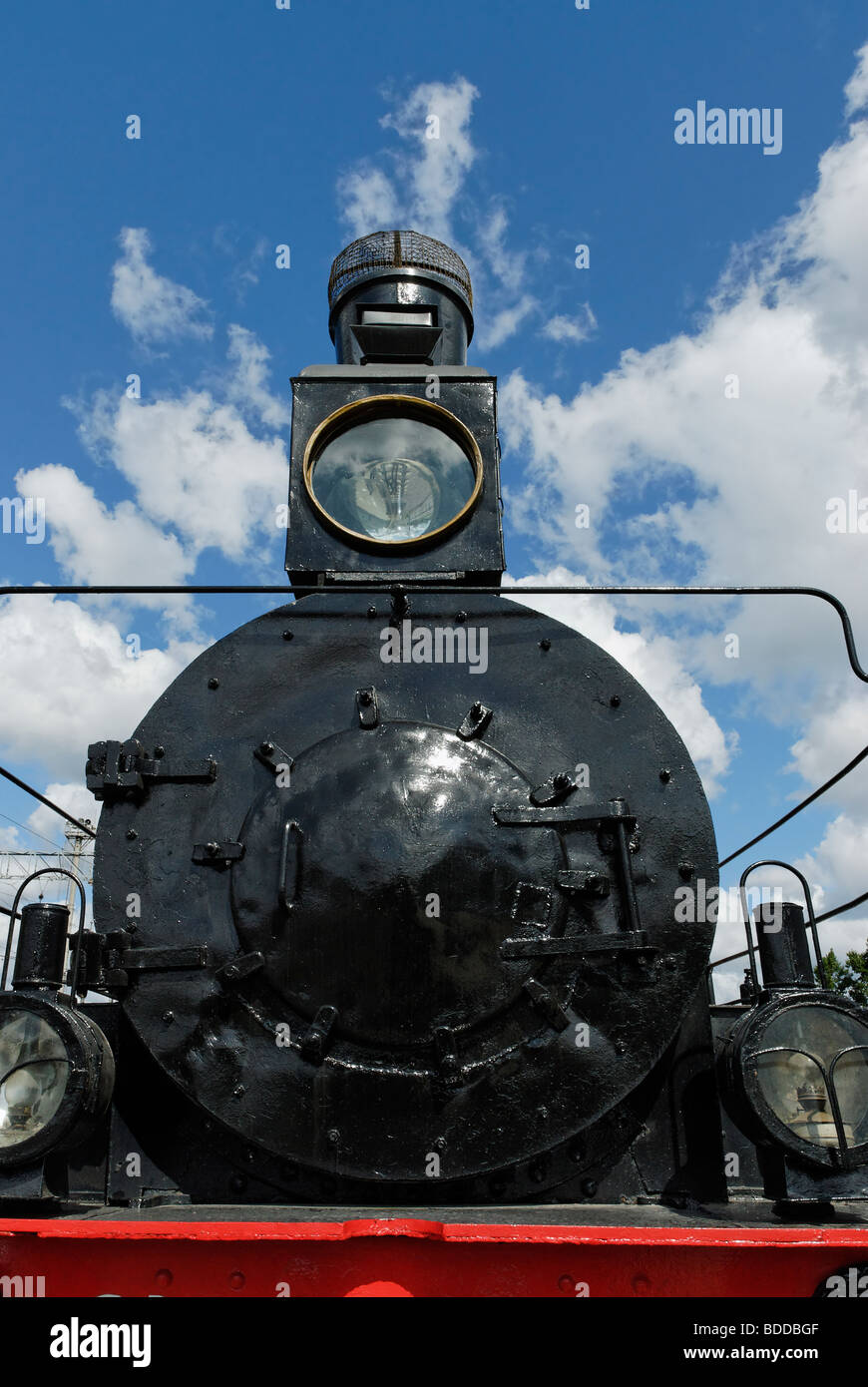 Front view of the retro steam locomotive with kerosene lanterns Stock Photo