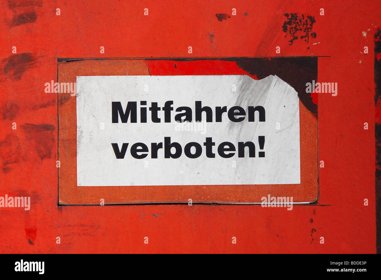 warning sign 'Mitfahren verboten!' Stock Photo
