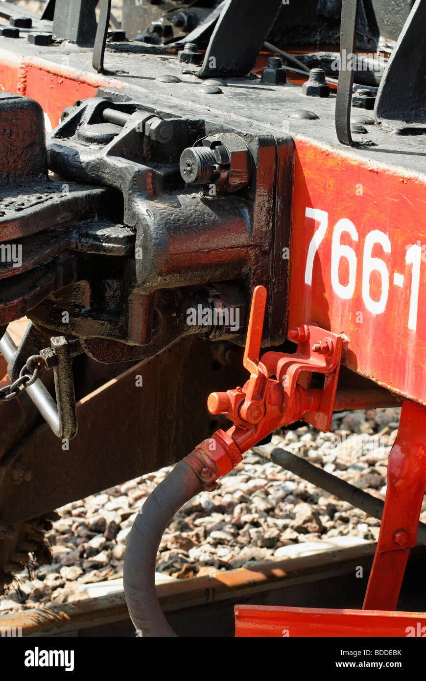 Train car coupling mechanism Stock Photo Alamy