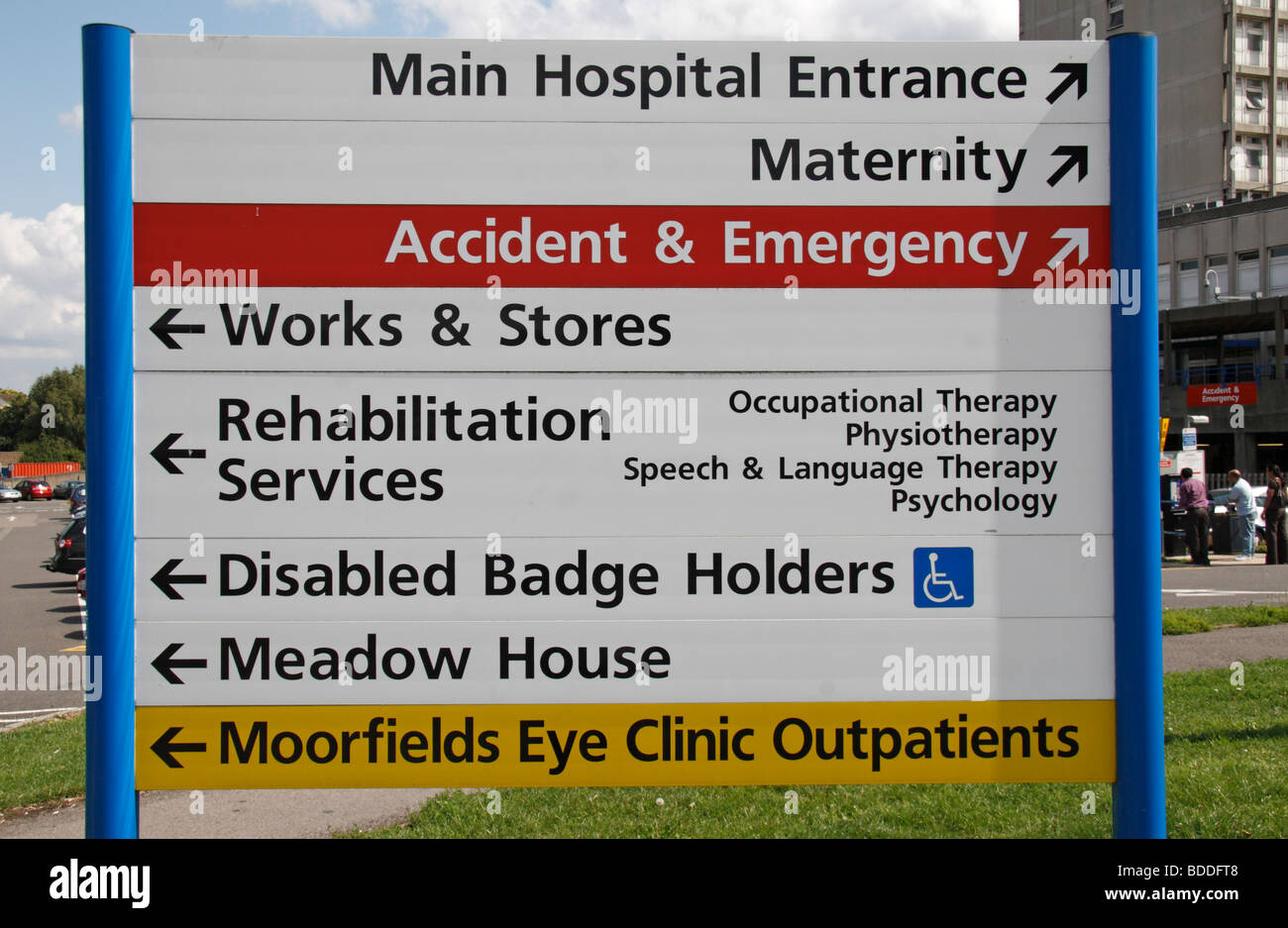 Close up of a signpost for visitors at the entrance to Ealing Hospital, Southall, West London, UK. Stock Photo