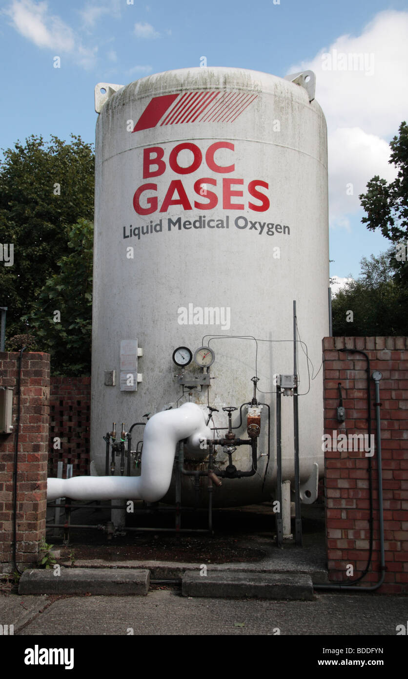 A BOC Gases container filled with liquified medical oxygen in a secure compound at Ealing Hospital, West London, UK. Stock Photo