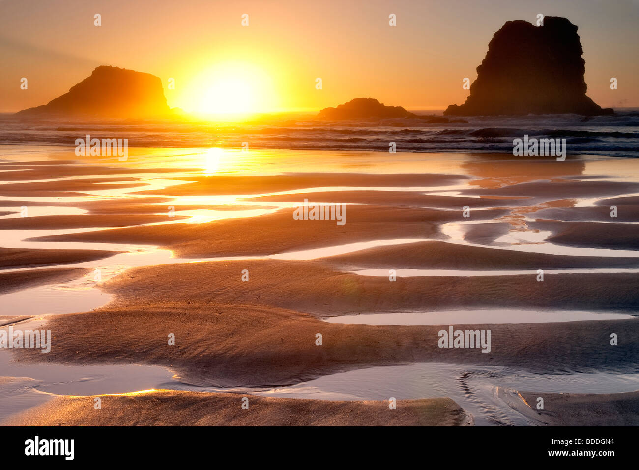 Sunset with low tide reflecting pools.Samuel H. Boardman State Scenic Corridor. Oregon Stock Photo