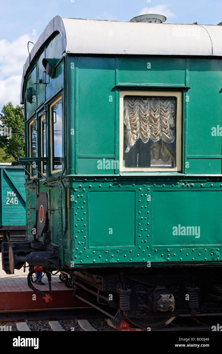 An old governmental train car for the Soviet leaders as an exhibit in Moscow railway museum Stock Photo