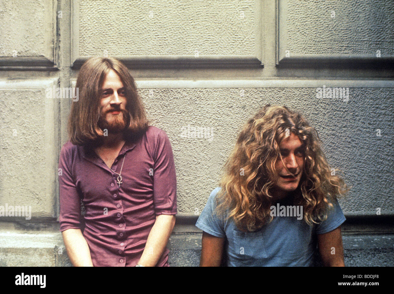 LED ZEPPELIN -John Paul Jones at left with Robert Plant about 1975 Stock Photo