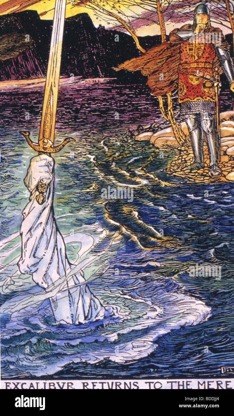 KING ARTHUR watches as the sword Excalibur is raised from the lake Stock Photo