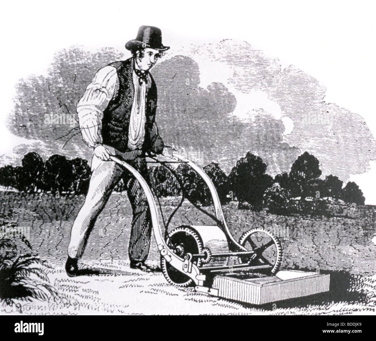 EDWIN BEARD BUDDING with his lawnmower which he patented in 1830 Stock Photo